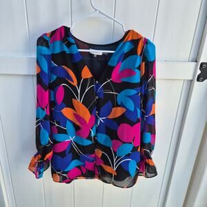 Calvin Klein Abstract Floral V Neck Blouse. Smocked Cuff - Size Sm